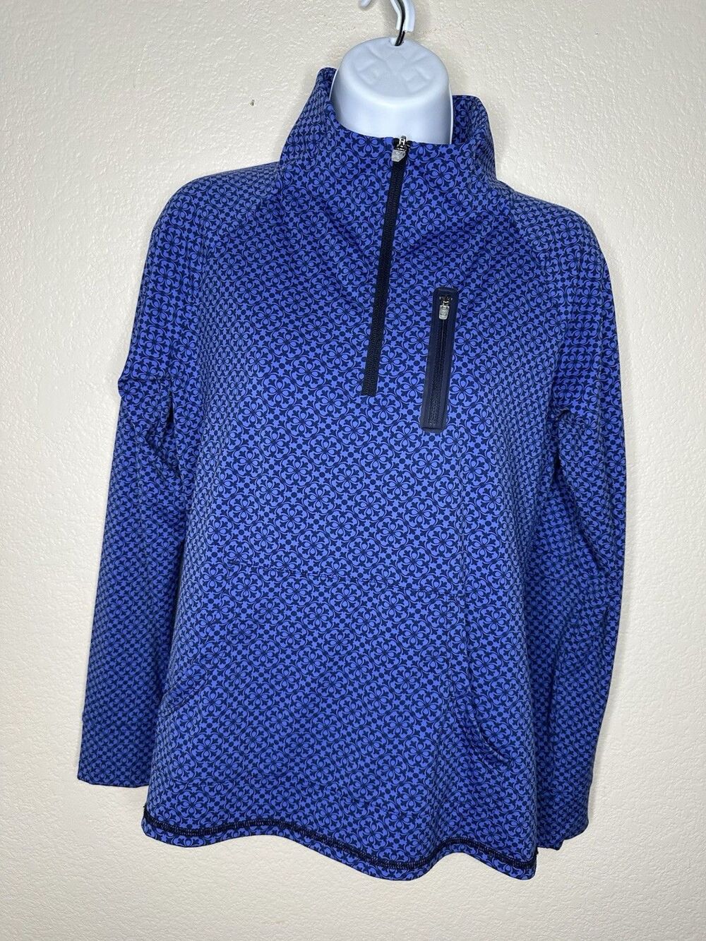 T by Talbots Womens Small Petite SP 1/4 Zip Pullover Top Blue Floral Zip Pocket
